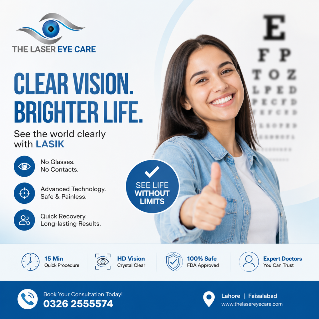 Patient smiling after successful LASIK eye surgery with clear vision and no glasses