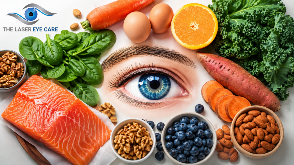Foods that help keep your eyes healthy including spinach, salmon, carrots, eggs, oranges, nuts, and sweet potatoes arranged on a table