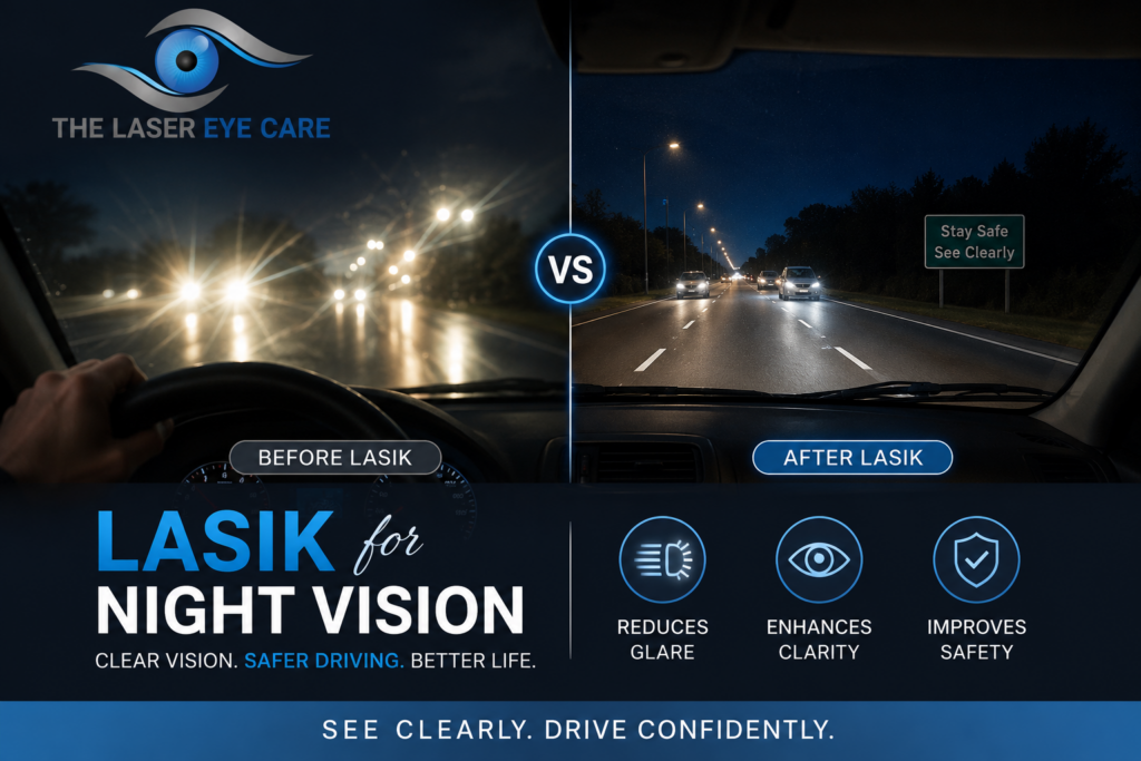 LASIK for night vision helping a driver see clearly on a dark road with reduced glare from headlights