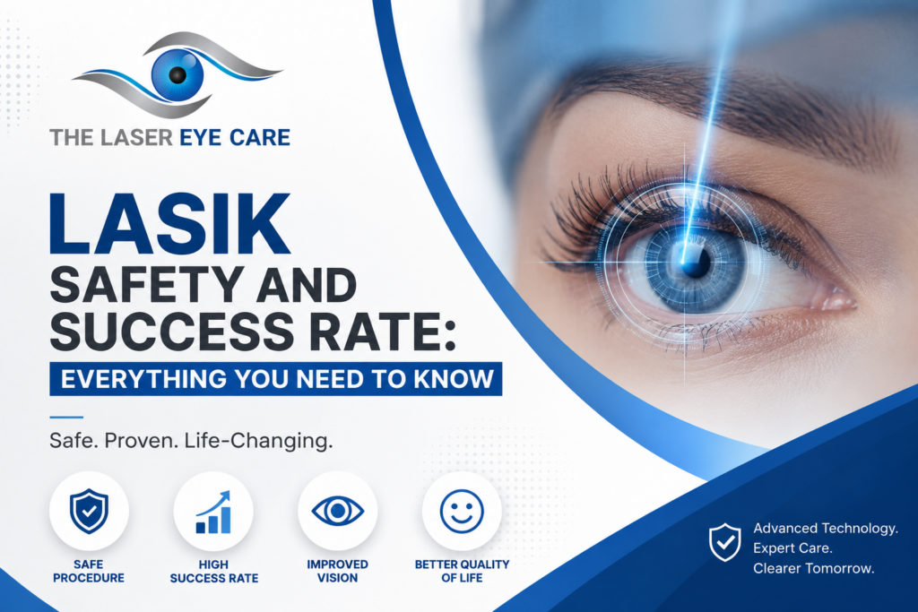 LASIK Safety and Success Rate infographic by The Laser Eye Care featuring a laser eye treatment illustration and key benefits of LASIK surgery