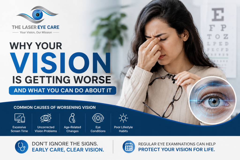 A person experiencing blurry vision while reading, highlighting common causes of worsening eyesight and eye health concerns.