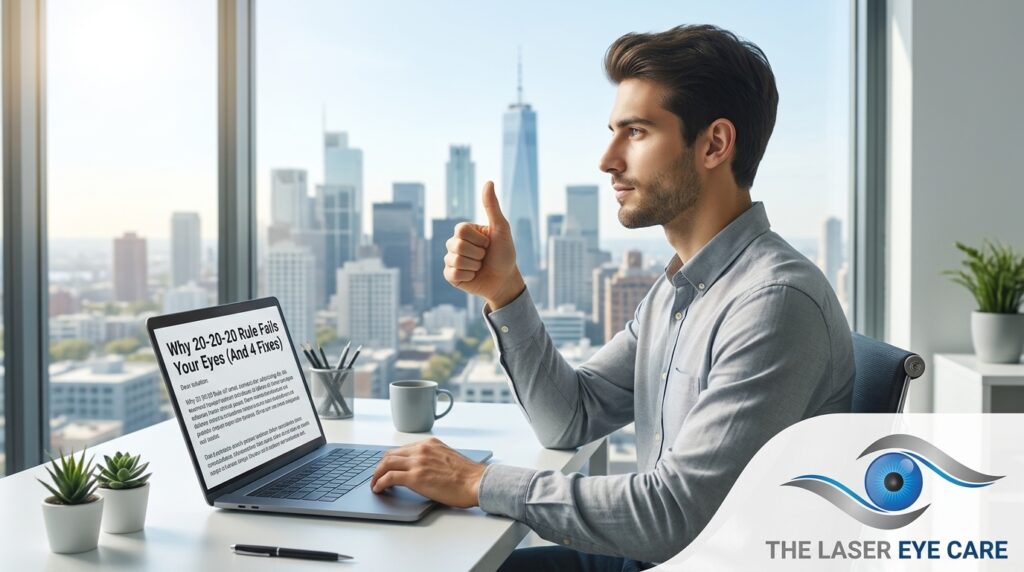 A young professional sitting at a wooden desk working on a laptop near a window, practicing an eye focus exercise by holding up their thumb to reduce screen strain.