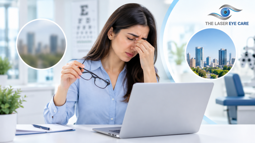 Why do eyes get weak? Person experiencing eye strain while using a laptop